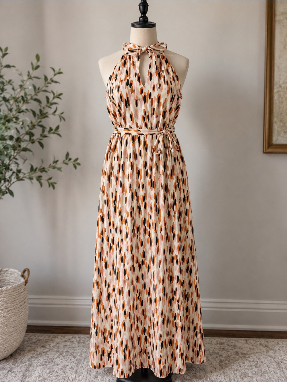Banana Republic Dress M Petite Abstract Print Halter Tie Neck Belted Maxi Cream
